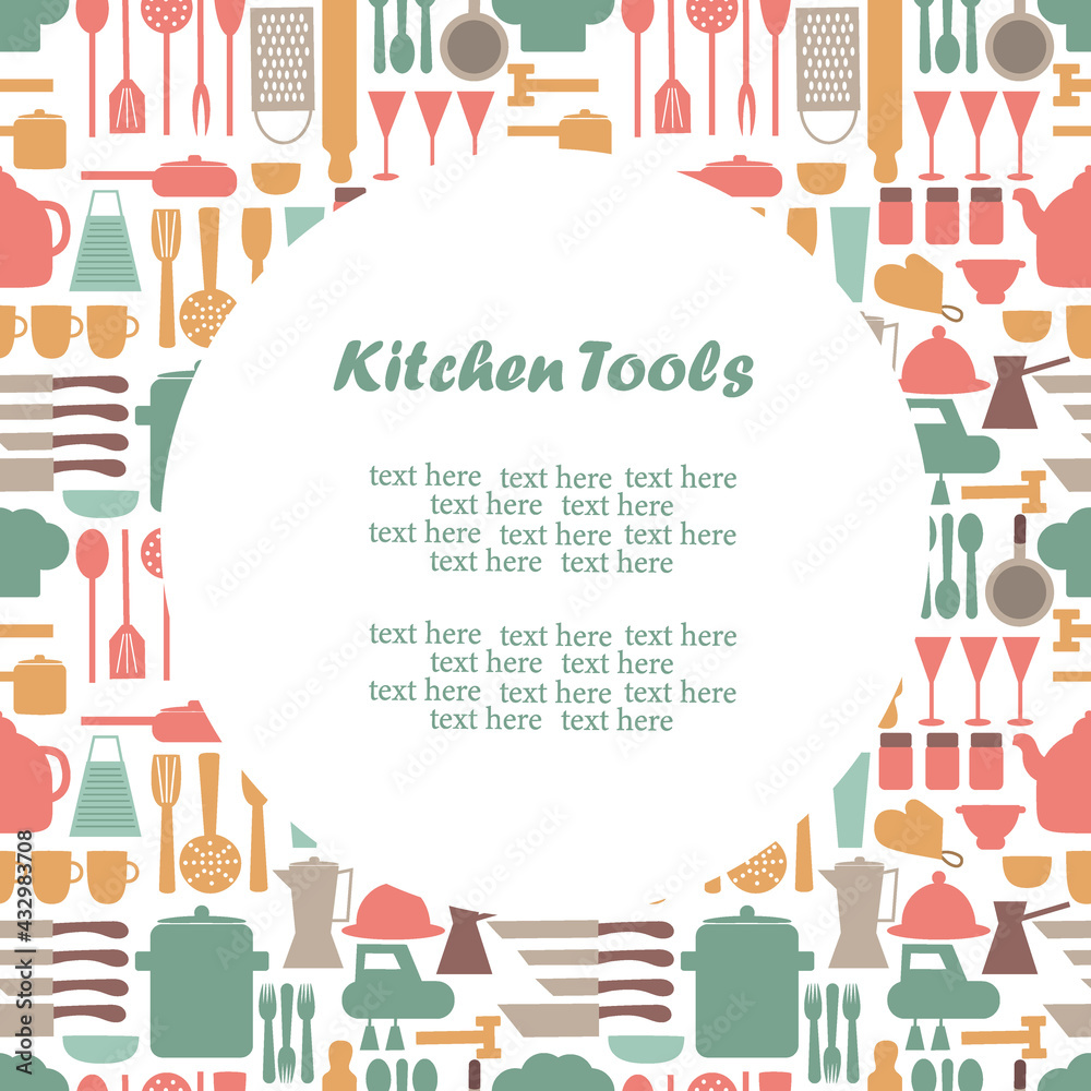 Postcard with a collection of kitchen utensils and place for text. Kitchen utensils elements for template, menu, banner, card and other design.