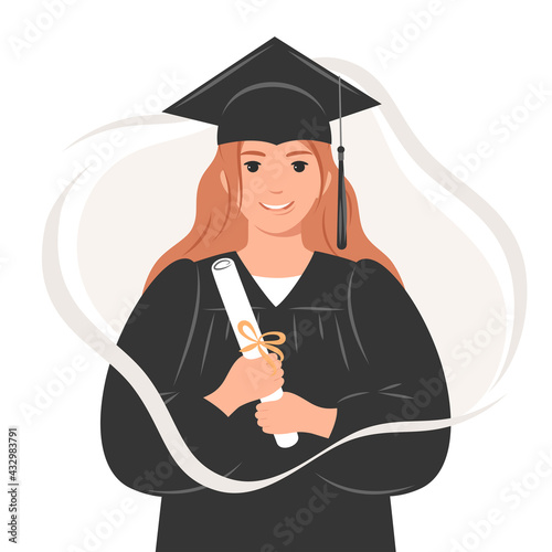 Happy graduate student with a diploma, wearing a robe and a square academic cap. A young woman who graduated from her studies. Flat vector illustration on white background. 