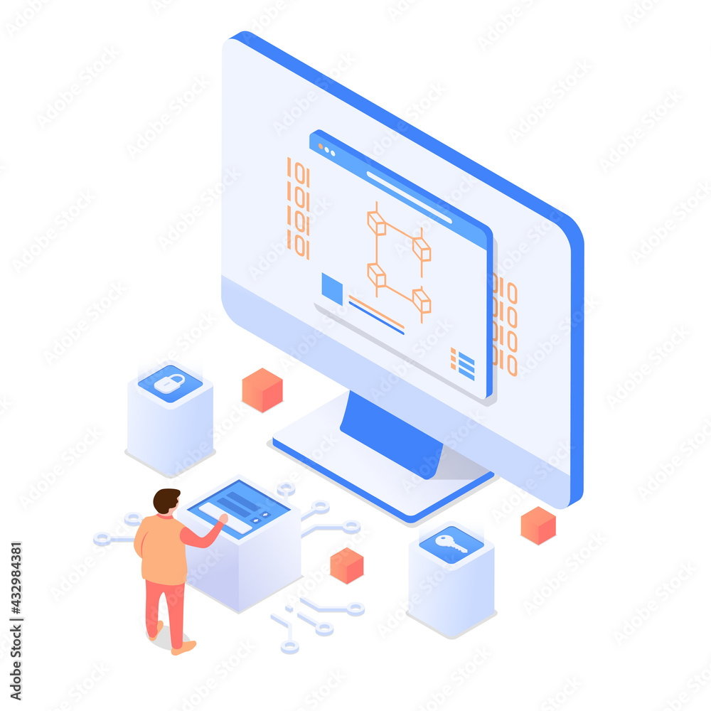 Man in front of a giant computer with data. Blockchain technology concept. Vector illustration in isometric style. Isolated on white background