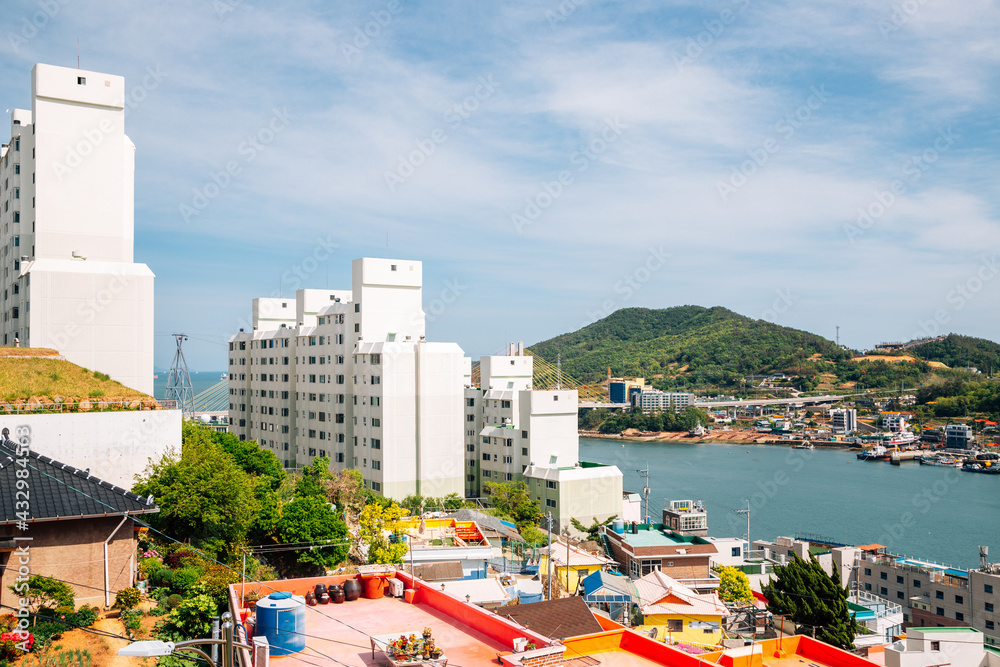 Panoramic view of Goso-dong Mural Village and sea in Yeosu, Korea