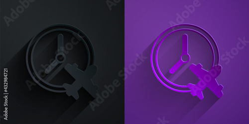 Paper cut Clock with airplane icon isolated on black on purple background. Designation of time before departure, check-in for flight and arrival time symbol. Paper art style. Vector