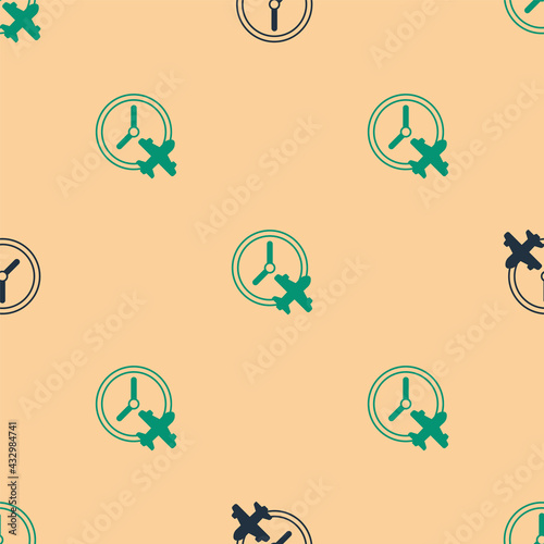 Green and black Clock with airplane icon isolated seamless pattern on beige background. Designation of time before departure, check-in for flight and arrival time symbol. Vector