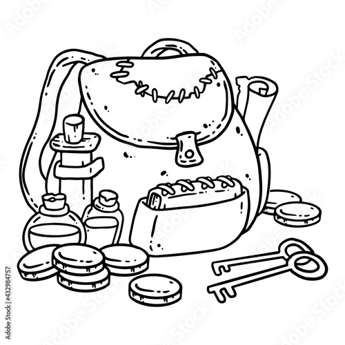 Adventurer pack black outline image. Fantasy character pouch with magical items. Treasure bag comic style doodle. Gold coins, potions