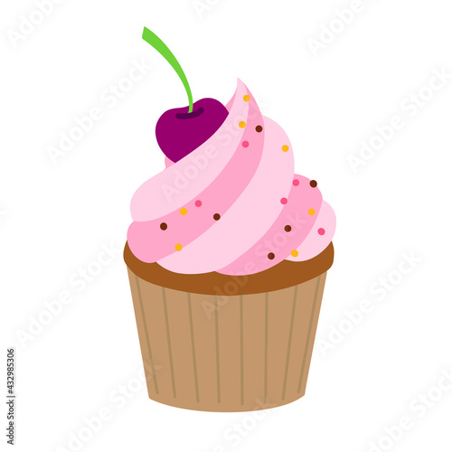 Sweet cupcake with pink cream and cherries.