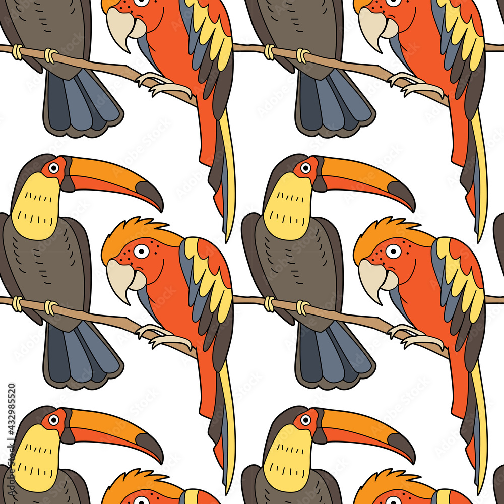 Fototapeta premium Endless texture with cute funny birds living in tropics. Seamless pattern with parrots for kid design