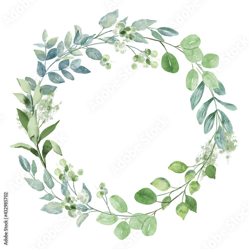 Wreath with eucalyptus, watercolor leaves. Hand painting botanical floral frame. Leaf illustration isolated on white background. © Larisa