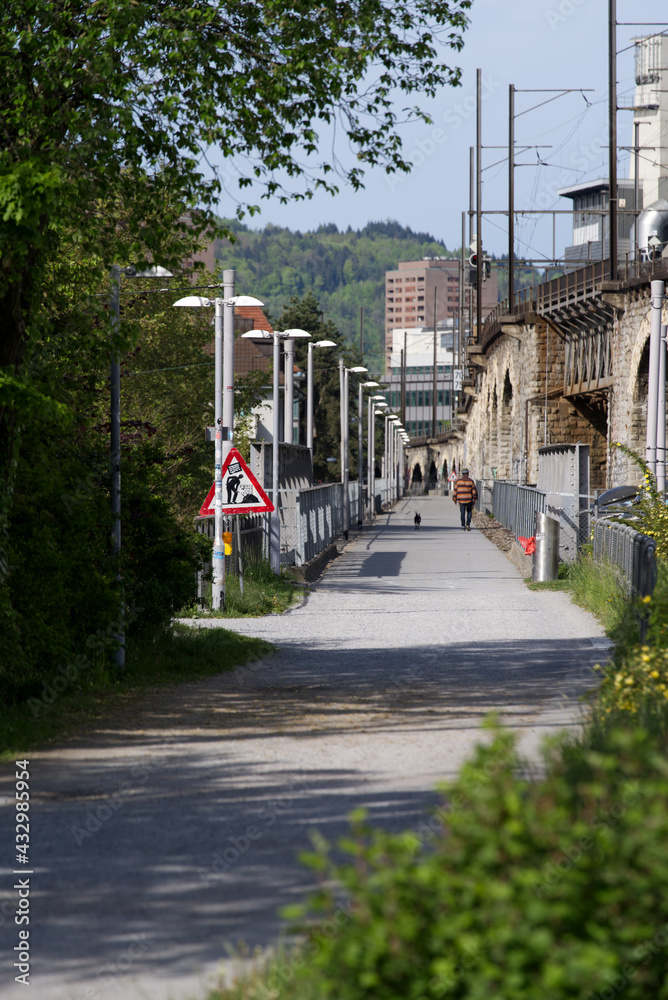 Pathway for pedestrians at City of Zurich. Photo taken May 10th, 2021, Zurich, Switzerland. Pathway for pedestrians at City of Zurich. Photo taken May 10th, 2021, Zurich, Switzerland.