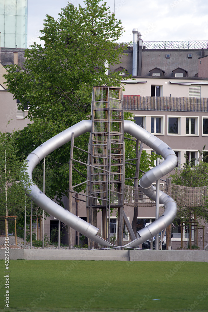 City playground named Schütze with double slide. Photo taken May 10th, 2021, Zurich, Switzerland. City playground named Schütze with double slide. Photo taken May 10th, 2021, Zurich, Switzerland.