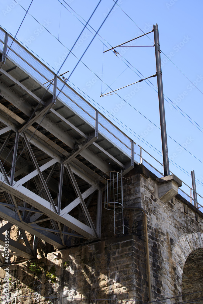 Close-up of iron railway bridge with stone pillars at industrial district at City of Zurich. Photo taken May 10th, 2021, Zurich, Switzerland. Close-up of iron railway bridge with stone pillars at industrial district at City of Zurich. Photo taken May 10th, 2021, Zurich, Switzerland.