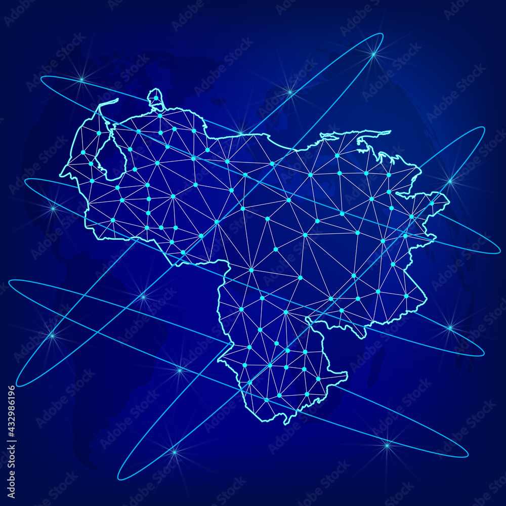 Global logistics network concept. Communications network map Venezuela on the world background. Map of Venezuela with nodes in polygonal style. EPS10. 