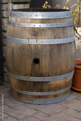 Oak wine barrel as decoration at terrace of restaurant. Photo taken May 10th, 2021, Zurich, Switzerland.