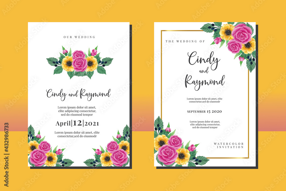 Wedding invitation frame set, floral watercolor hand drawn Pink Rose with Anemone Flower design Invitation Card Template