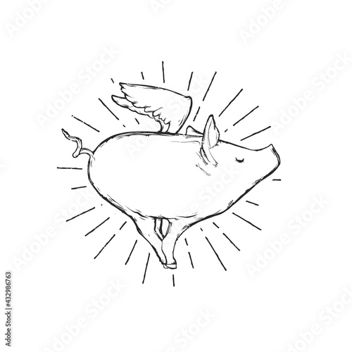 Cartoon pig with wings, flat vector illustration