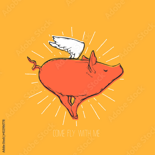 Cartoon pig with wings, flat vector illustration