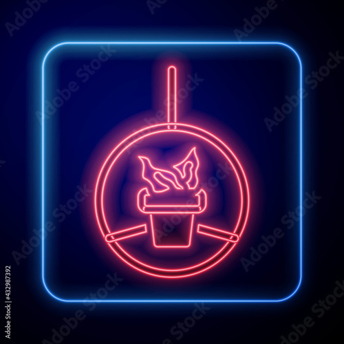 Glowing neon Plant in hanging pot icon isolated on black background. Decorative macrame handmade hangers for flower pot, hang indoor plants. Vector