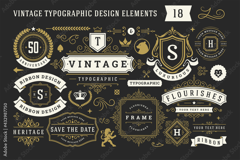 Vintage typographic decorative ornament design elements set vector ...