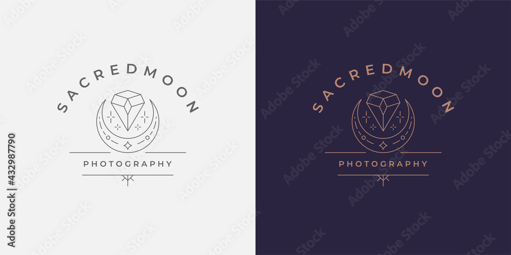 Magic moon crescent with diamond logo emblem design template vector illustration in minimal line art style Magic moon crescent with diamond logo emblem design template vector illustration in minimal line art style