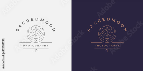 Magic moon crescent with diamond logo emblem design template vector illustration in minimal line art style