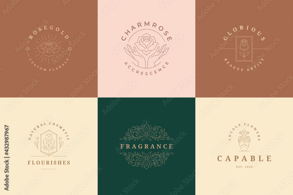 Flower logos emblems design templates set with botanical plants and rose vector illustrations minimal linear style.