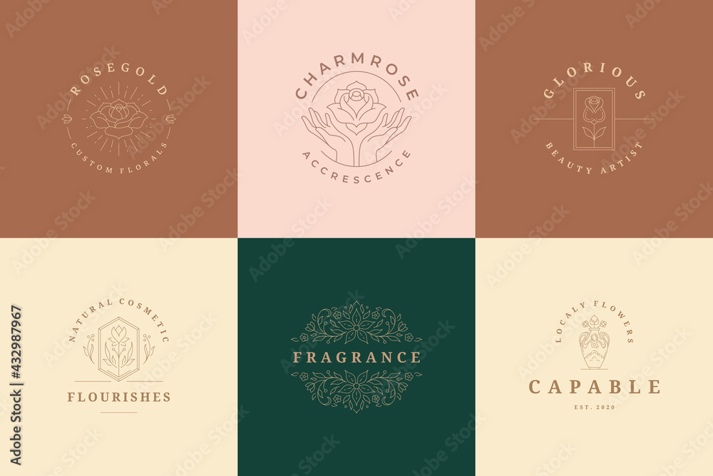 Flower logos emblems design templates set with botanical plants and rose vector illustrations minimal linear style. Flower logos emblems design templates set with botanical plants and rose vector illustrations minimal linear style.