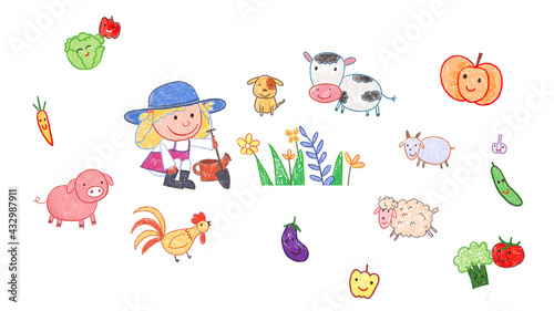 Vegetable Garden Farm Backdrop Background. pumpkin, eggplant, cucumber, tomato, pepper, potato, cabbage, carrot, Cow, Dog, Sheep, Rooster, Hen, Pig, pumpkin, eggplant, tomato
