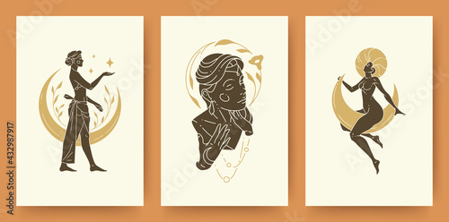 Set of abstract female portraits and silhouettes modern line art drawing style