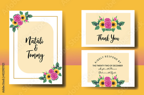 Wedding invitation frame set  floral watercolor hand drawn Pink Rose with Anemone Flower design Invitation Card Template