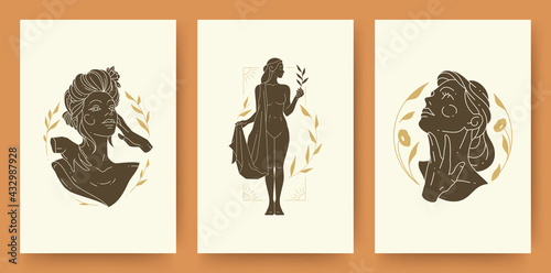 Set of abstract female portraits and silhouettes modern line art drawing style