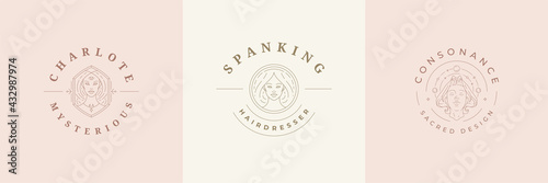 Feminine logos emblems design templates set with celestial woman portraits vector illustrations minimal linear style