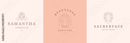 Feminine logos emblems design templates set with magic female portraits vector illustrations minimal linear style