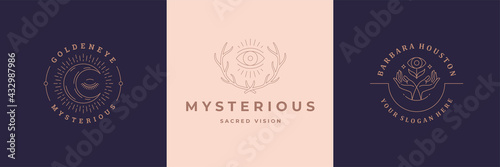 Esoteric logos emblems design templates set with magic eyes and eyelashes vector illustrations minimal linear style.