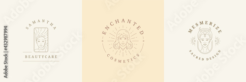 Feminine logos emblems design templates set with magic female portraits vector illustrations minimal linear style.
