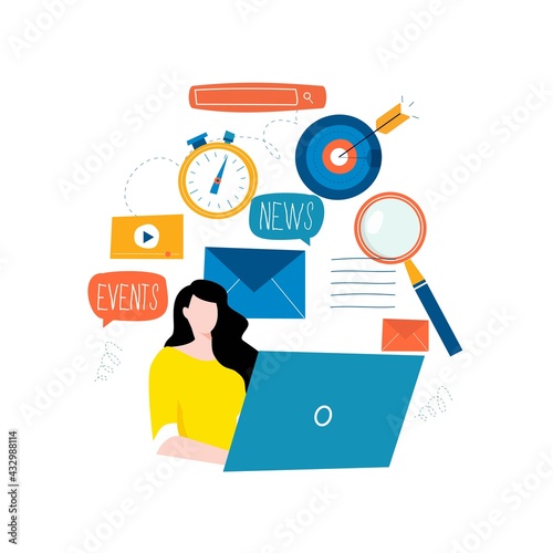 E-mail news, subscription, promotion flat vector illustration. Online news, news update, information about activities, events, company information and announcements design for mobile and web graphics