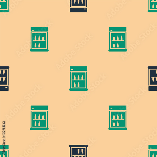 Green and black Commercial refrigerator to store drinks icon isolated seamless pattern on beige background. Perishables for store or supermarket. Vector
