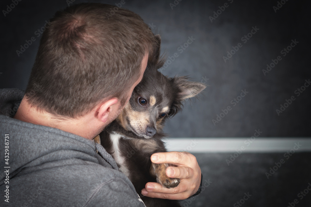 Obraz premium Portrait Mann Hund freundschaft auf grauem hintergrund mit Pfote
