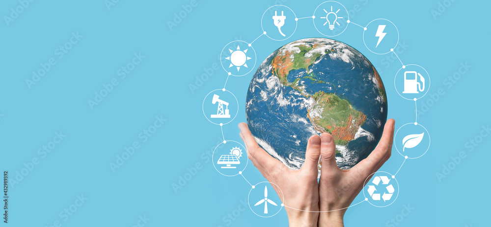 3D Earth planet globe in man, woman hand, hands on blue background. Environmental protection concept. Elements of this image furnished by NASA 3D Earth planet globe in man, woman hand, hands on blue background. Environmental protection concept. Elements of this image furnished by NASA