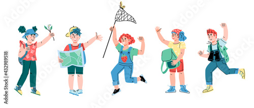 Group of cheerful children on summer vacation, kids tourists or campers in forest camp, cartoon vector illustration isolated on white background. Scout boys and girls with backpacks and map.