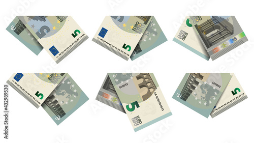 Set of folded and curved EU paper money on an isolated white background. 5 euro banknotes with shadows