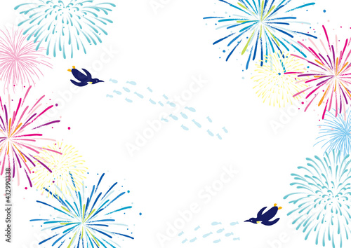 花火とペンギン　夏　背景イラスト
