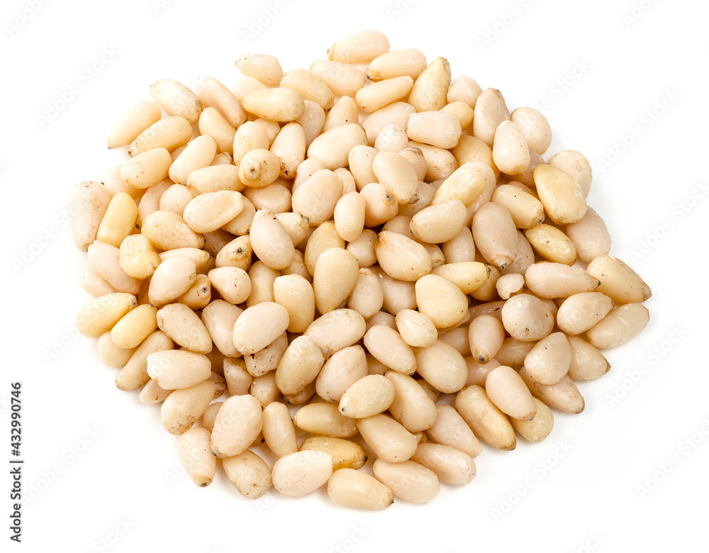 pile of unpeeled pine nuts closeup on white pile of unpeeled pine nuts closeup on white