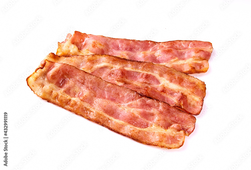 Cooked bacon rashers isolated on white Cooked bacon rashers isolated on white