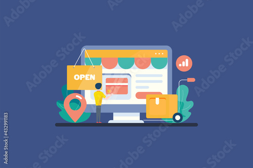 Online shopping, digital marketing for ecommerce webstore, People online product purchase  credit card, online delivery secure banking transaction. Flat design web banner presentation.