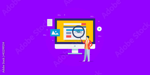 SEO - Search engine indexing bot, Search crawler indexing website data, web spider fetching website information. Web banner SEO template with character and purple background.
