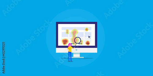 Website heatmap tool, seo analytics, businesswoman checking website click position, conversion and visitor engagement. Business data software, web template. photo