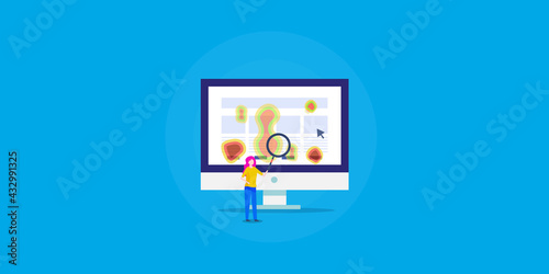 Website heatmap tool, seo analytics, businesswoman checking website click position, conversion and visitor engagement. Business data software, web template.