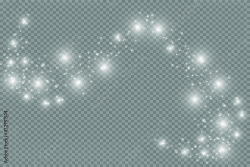 The dust sparks and golden stars shine with special light. Vector sparkles on a transparent background. Christmas light effect. Sparkling magical dust particles.