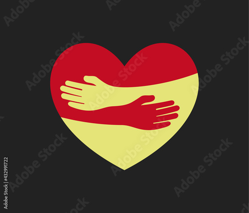 Human hugs in heart shape, hugging hands support and love symbol hugged arms girth silhouette unity and warmth feeling, flat vector illustration, logo template.