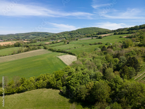 aerial drone flight photo of green hills, meadows and fresh forest in Lower Austria at the edge of Vienna Woods on a sunny day © epiximages