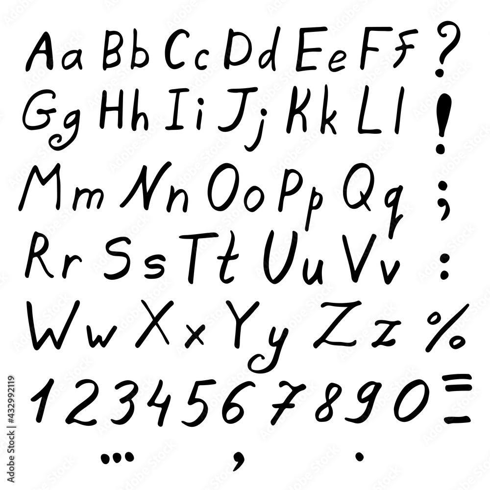 Stylized black alphabet and numbers on white background. Vector image. Stylized black alphabet and numbers on white background. Vector image.
