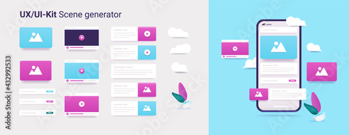 UX and UI tool kit - Vector collection set to create illustrations and scenes with laptop and user interface elements in 3d style.